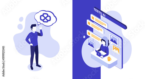 A man ponders a four leaf clover icon as a secondary character operates a computer to organize and display a gallery of generated image thumbnails on a deep purple backdrop.