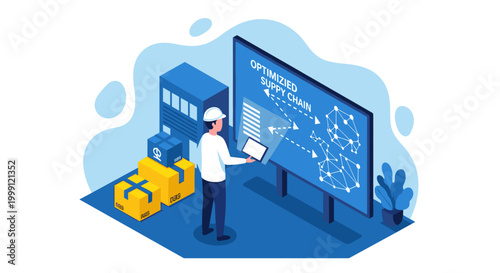 A worker wearing a white hard hat observes a large digital screen showcasing an optimized supply chain network near stacked yellow cardboard boxes in a warehouse.