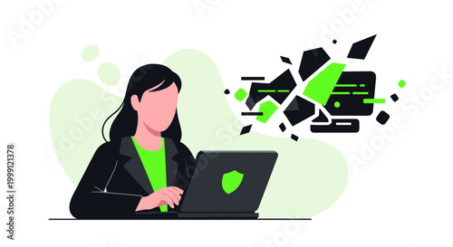 A business woman types on a laptop featuring a green security shield while digital fragments explode from a nearby broken screen in a bright office environment.