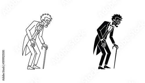 Old gentleman with walking cane icon in line and solid black styles for character design and elderly care concepts