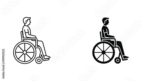 Man in wheelchair icon set in outline and solid black styles representing disability accessibility and inclusive design