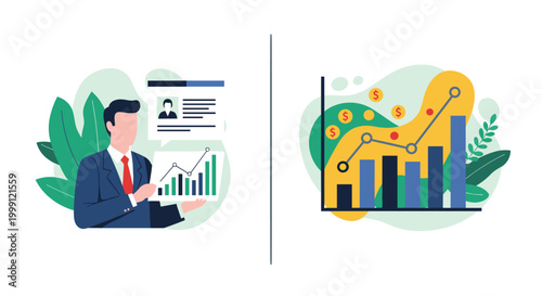 A business executive presents a financial growth report alongside a large rising bar chart highlighted with glowing currency symbols against a soft-toned and professional office se