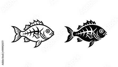 Fish skeleton icon set in line art and solid black silhouette for fishing industry and culinary graphic design