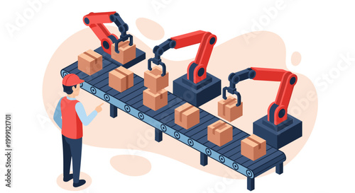A technician in a red vest monitors three automated robotic arms picking and placing brown cardboard boxes along an industrial conveyor belt in a bright warehouse.