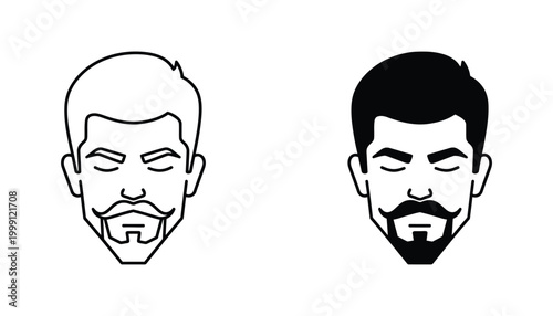 Stylized man face with beard and mustache outline and solid black vector icon for barber shop branding and masculine grooming design