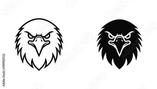 Fierce eagle head emblem in outline and solid black vector style for sports team mascot logo and aggressive branding design
