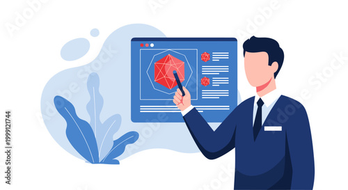 A male professional in a navy suit uses a stylus to present a complex three-dimensional red polyhedral geometric shape on a digital interactive screen interface design.