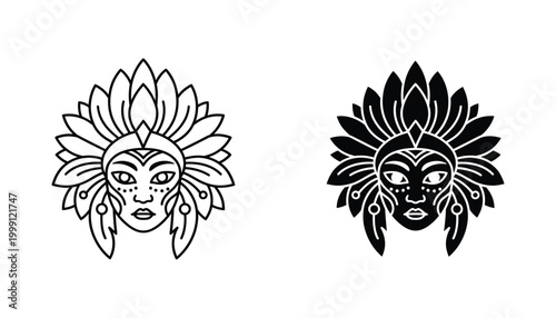 Tribal warrior mask with feather headdress in outline and solid black vector illustration for cultural and artistic design projects