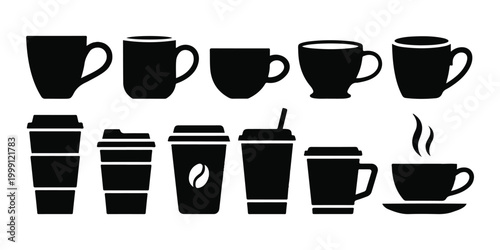 A black and white illustration of various coffee cups and mugs on display