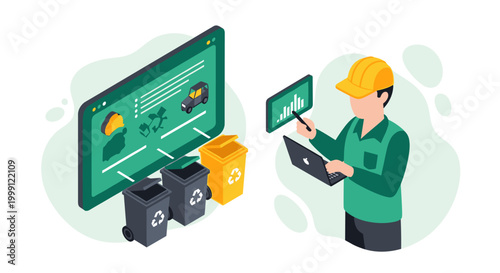 An engineer wearing a yellow helmet interacts with a portable tablet near a smart dashboard showing vehicle and waste bin metrics in a clean office setting.