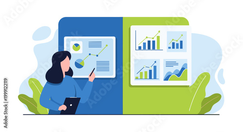 A woman in a blue sweater presents financial performance trends on a split-screen board featuring bar and line graphs in a bright office environment.