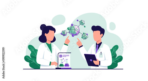 Two scientists in white lab coats analyze a floating green molecular structure and AI data on a tablet in a modern laboratory setting.