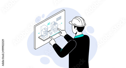 The engineer wearing a protective helmet gestures at an isometric artificial intelligence building model on a screen within a minimalist office setting in monochrome art.