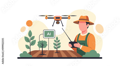 A farmer wearing a straw hat operates a drone with a remote control over agricultural fields with artificial intelligence signage in a soft colored vector illustration.