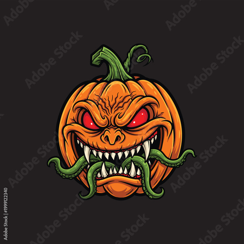Scary Halloween evil pumpkin monster with sharp teeth and green tentacles on black background.