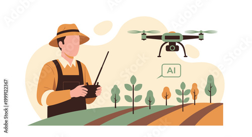 A male farmer wearing a straw hat operates a remote controller for an AI drone flying over agricultural fields in a warm toned digital illustration with soft colors.