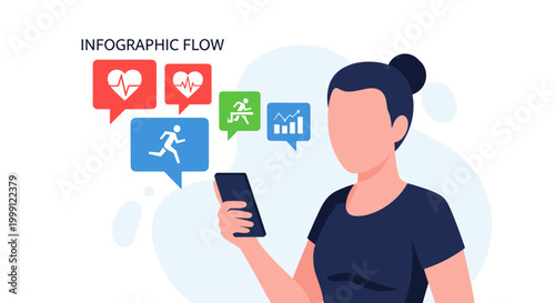 A woman wearing a dark shirt holds a smartphone while surrounded by colorful floating speech bubbles indicating heart rate and exercise statistics in a flat illustration.
