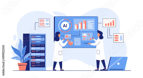 Two researchers wearing white laboratory coats stand before a large blue digital display screen featuring AI data analytics and charts within a modern server facility.