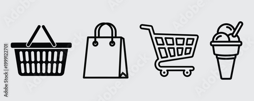 Simple black and white icons representing shopping bags cart and a frozen treat