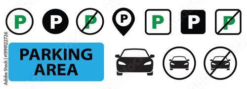 Collection of parking signs and symbols on white background including cars and restrictions