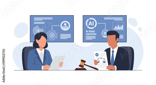 Two professionals deliberate on artificial intelligence bias and technical ethics while reviewing documents at a desk decorated with a traditional wooden gavel.