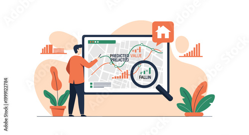 A business analyst presents predicted property values on a digital map display while using a magnifying glass to inspect market trends in a professional setting.
