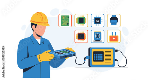 A technician in a yellow hard hat inspects a circuit device connected to a diagnostic machine in a detailed digital engineering illustration with soft tones.