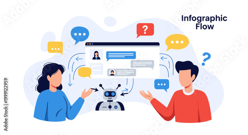 A man and a woman discuss information with a central robot helper near a chat window interface featuring speech bubbles in a light toned vector illustration.