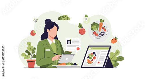 Nutritionist consulting a client on a tablet with fresh fruits and vegetables displayed on a plate and screen.