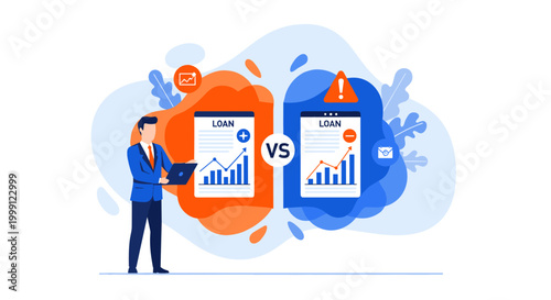 Man analyzing loan application outcomes, contrasting positive and negative financial performance indicators on digital documents.