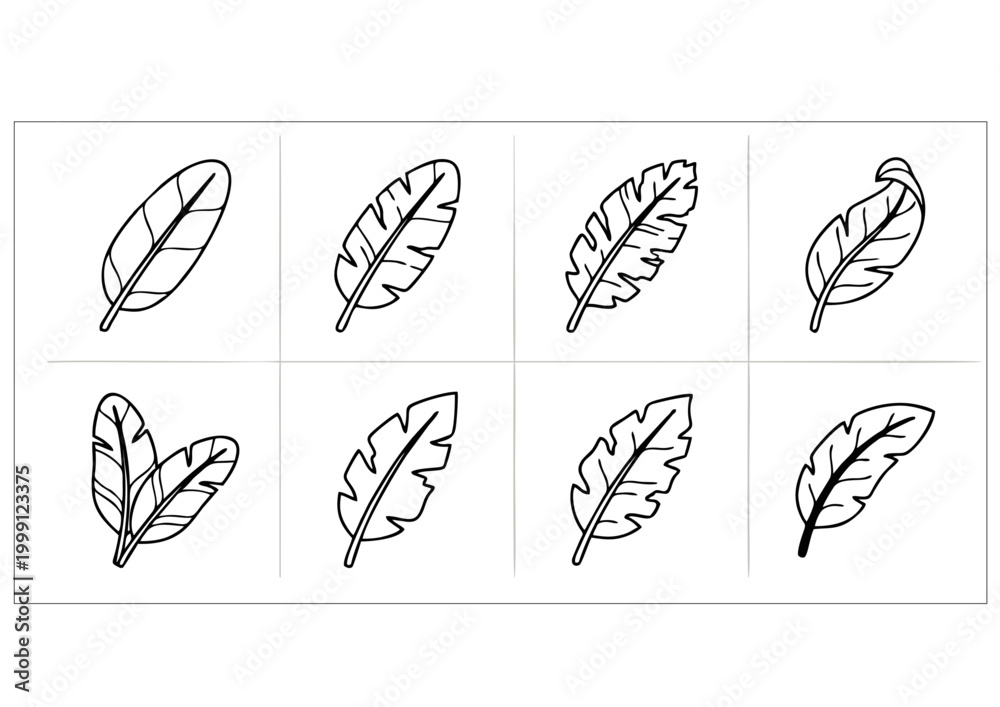 Fototapeta premium Minimalist Banana Leaf Icon Set – Tropical Leaves Outline Collection Vector