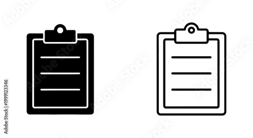 Black and white clipboard icons in simple line style for business or medical use