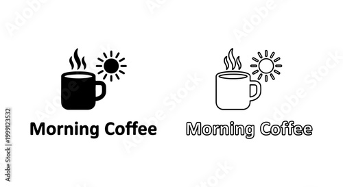 Black and white line art of coffee cups with sun and morning coffee text