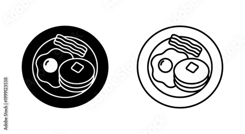 Black and white icons of breakfast plates with eggs and bacon