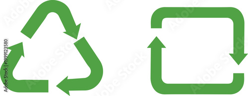 Green recycling symbol and square with arrows environmental sustainability icons