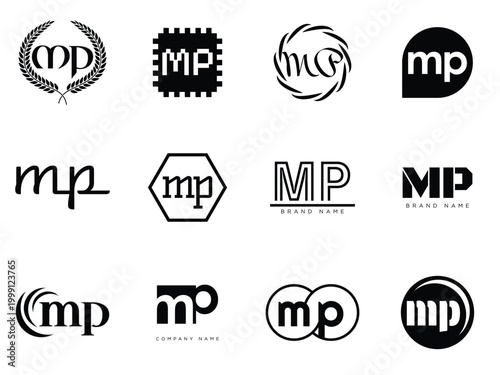 MP logo company template. Letter m and p logotype. Set different classic serif lettering and modern bold text with design elements. Initial font typography.