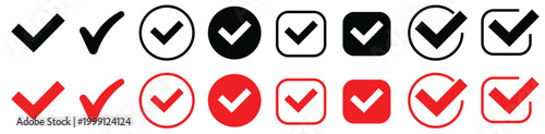 Photos Collection of various checkmark icons in black and red on isolated white backgro