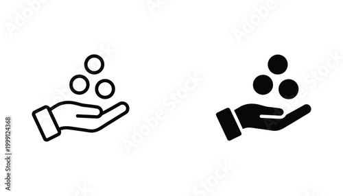Charity and donation concept icon featuring human hand holding pile of coins in flat black and white vector design for financial support