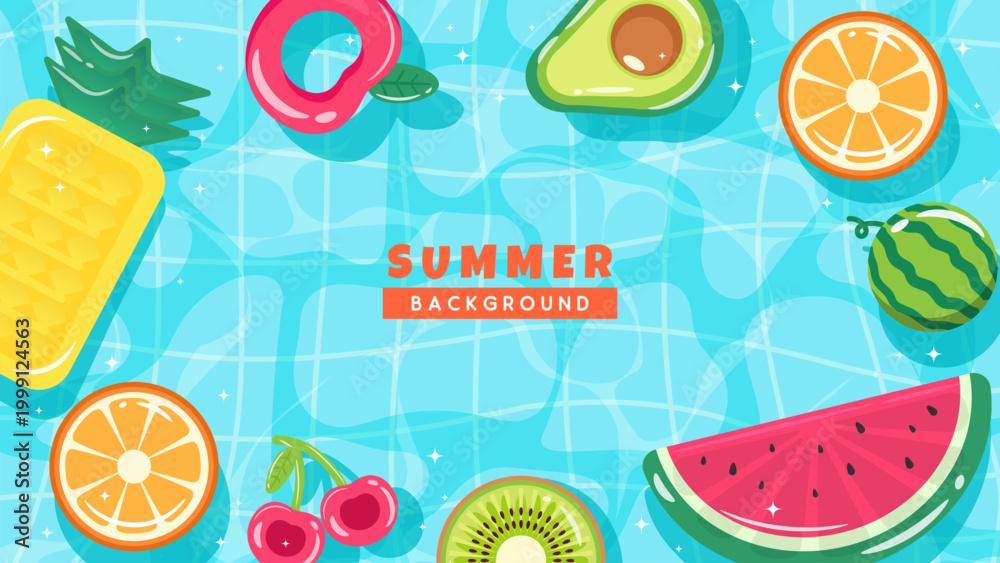 Fototapeta premium Summer pool background vector illustration. Top view of swimming pool with fruit pool rafts