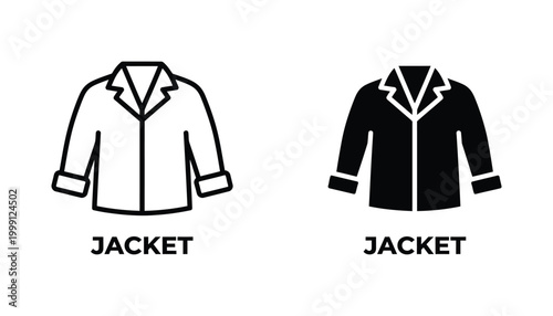 Jacket clothing icon set for fashion retail and apparel industry branding featuring minimal line and solid black graphics of a coat