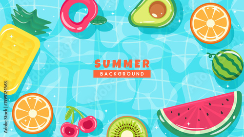 Summer pool background vector illustration. Top view of swimming pool with fruit pool rafts