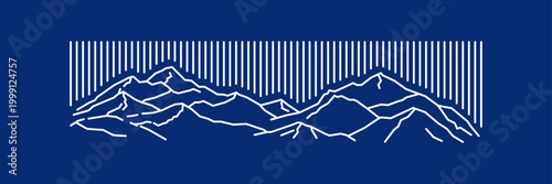 Minimal line art mountain landscape with clean white outlines and vertical stripe sky on deep blue background. Modern and stylish, perfect for outdoor branding, travel design, and nature visuals.