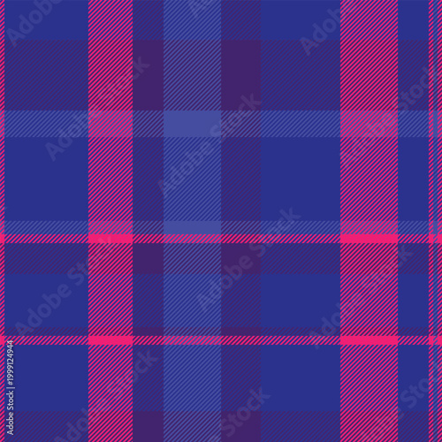 Manufacturing background tartan check, christmas card fabric texture seamless. Cowboy plaid pattern vector textile in blue and violet colors.