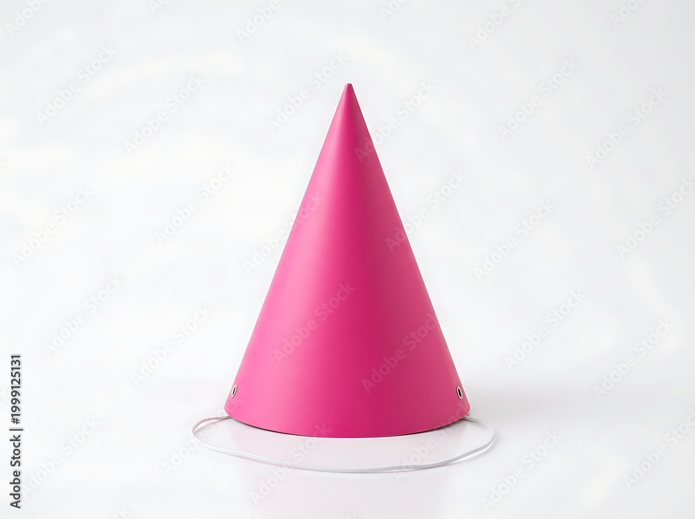 Fototapeta premium Pink party hat on white table and white background festive celebration accessory fun and colorful