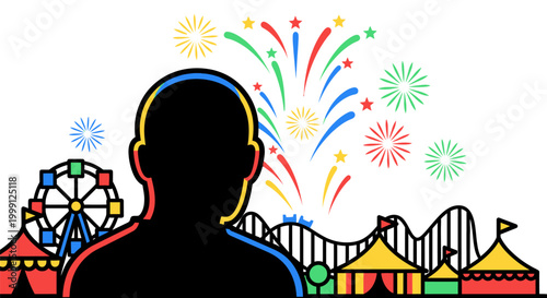 Silhouette of a person with carnival ferris wheel and circus tent on white background
