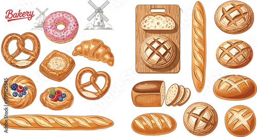 Bakery Products Vector Collection Featuring Donuts, Croissants, Pretzels, Loafs, and Bread Rolls for Food, Pastry, and Bakery Designs