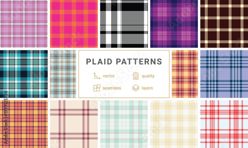 Seamless plaid pattern pack featuring coordinated tartan designs. This vector bundle supports holiday branding, wrapping paper, seasonal packaging. Ideal for designers needing variety inside one set.