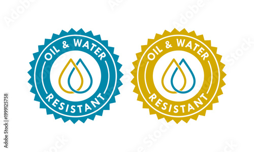 Oil and water resistant logo featuring overlapping liquid droplets in a square badge, perfect for industrial product labeling, protective coatings, and technical material certification.