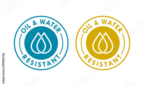 Oil and water resistant logo featuring overlapping liquid droplets in a square badge, perfect for industrial product labeling, protective coatings, and technical material certification.