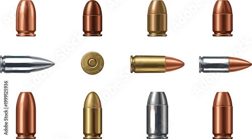 Collection of Bullet and Cartridge Icons in Various Metals, Calibers, and Designs for Weapons, Ammunition, and Firearm Graphics